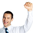 Happy gesturing smiling business man , isolated