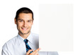 Happy businessman showing signboard, isolated