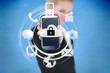 Photo: Businesswoman holding up locked smart phone Businesswoman holding up locked smart phone