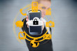 Photo: Businesswoman holding up locked smart phone with orange applicat Businesswoman holding up locked smart phone with orange applicat