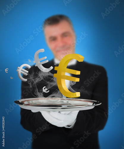 Photo: Waiter offering smoking euro symbols Waiter offering smoking euro symbols