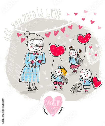 Vector: Vector Valentine Card with Teacher and kids Vector Valentine Card with Teacher and kids