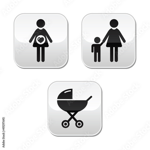 Vector: Baby pregnancy buttons set - carriage, motherhood, family Baby pregnancy buttons set - carriage, motherhood, family