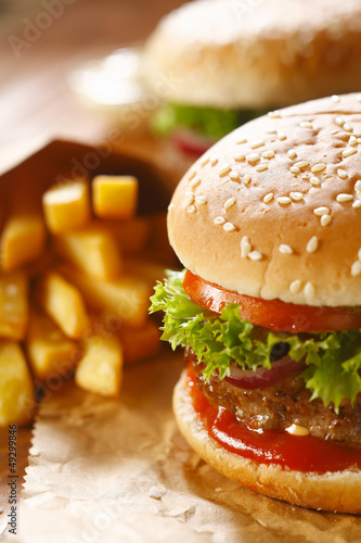 Photo: Two hamburgers and french fries Two hamburgers and french fries