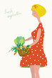 Vector: Cute girl with fresh vegetables vintage design Cute girl with fresh vegetables vintage design