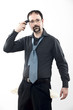 A business man with a gun to his head