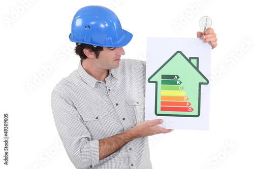 Photo: Engineer holding an energy efficiency rating sign Engineer holding an energy efficiency rating sign