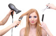 Beautiful woman and hands with brushes, scissors and hairdryer