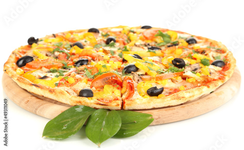 Photo: Tasty pizza with vegetables, chicken and olives isolated Tasty pizza with vegetables, chicken and olives isolated