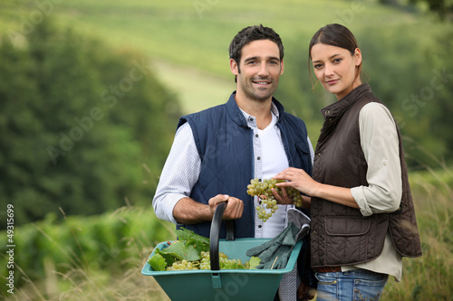 Photo: Attractive couple picking grapes Attractive couple picking grapes
