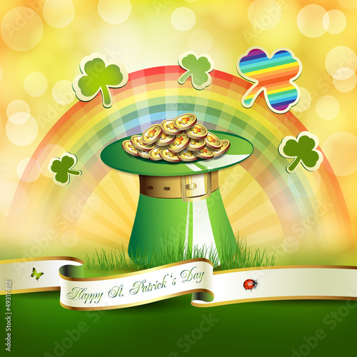 Vector: St. Patrick's Day card design with hat, clover and coins St. Patrick's Day card design with hat, clover and coins