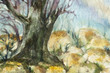 watercolor landscape of forests with big tree trunk and rocks