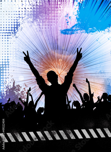 Illustration: Silhouettes of concert crowd in front of bright stage lights Silhouettes of concert crowd in front of bright stage lights
