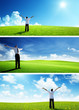 happy man on spring field, set of banners