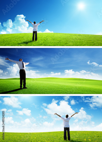 Photo: happy man on spring field, set of banners happy man on spring field, set of banners