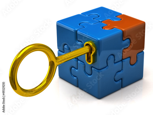 Illustration: Security concept. Puzzle cube and golden key. Security concept. Puzzle cube and golden key.