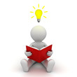 3d man sitting on the floor and reading a book with idea bulb