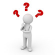 3d man thinking with red question marks over white