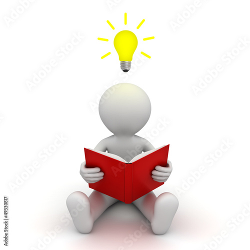 Illustration: 3d man sitting on the floor and reading a book with idea bulb 3d man sitting on the floor and reading a book with idea bulb