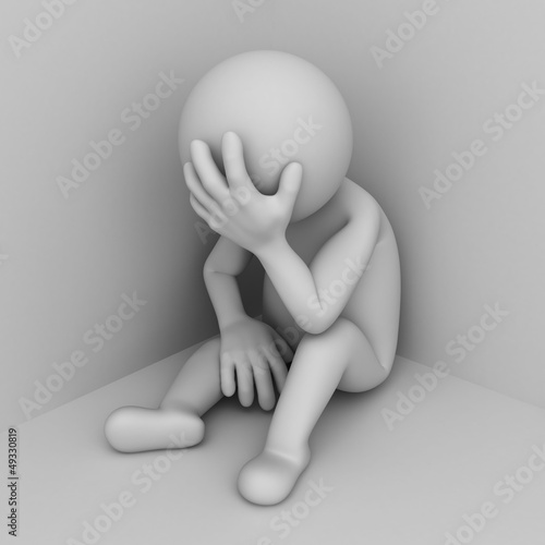 Illustration: Depressed 3d man sitting in corner of room Depressed 3d man sitting in corner of room