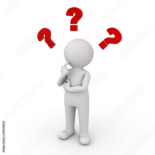 Illustration: 3d man thinking with red question marks over white 3d man thinking with red question marks over white