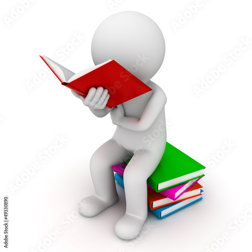 Illustration: 3d man sitting on a pile of books and reading book 3d man sitting on a pile of books and reading book