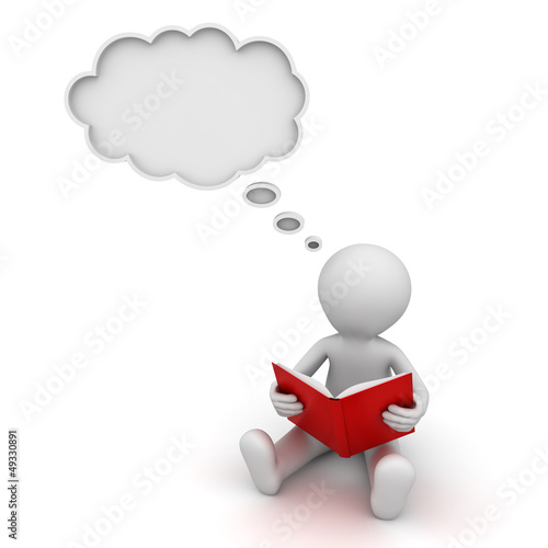 Illustration: 3d man reading a book and thinking with a thought bubble 3d man reading a book and thinking with a thought bubble