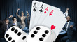 Attractive group cheering at the casino with digital cards and dice