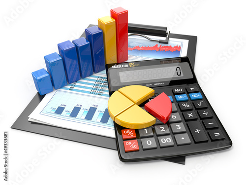Illustration: Business analytics. Calculator and financial reports. Business analytics. Calculator and financial reports.
