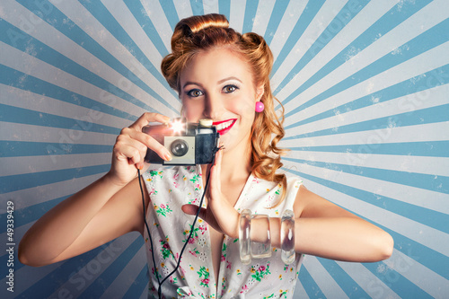 Photo: Young Happy Vintage Woman With Old Film Camera Young Happy Vintage Woman With Old Film Camera