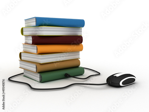 Illustration: Internet education. Books and computer mouse. 3d Internet education. Books and computer mouse. 3d