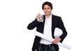 businessman holding a blueprint and an at sign