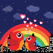 Birds in love at night with rainbow