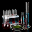 Test-tubes and green leaf tested in petri dish, isolated