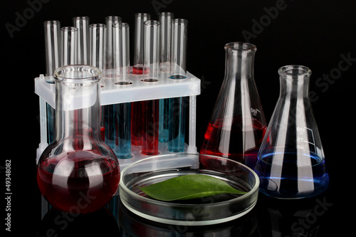 Photo: Test-tubes and green leaf tested in petri dish, isolated Test-tubes and green leaf tested in petri dish, isolated