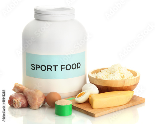 Photo: jar of protein powder and food with protein, isolated on white jar of protein powder and food with protein, isolated on white
