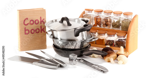 Photo: composition of kitchen tools,spices and vegetables isolated composition of kitchen tools,spices and vegetables isolated