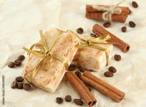 Photo: Natural handmade soap, on beige background Natural handmade soap, on beige background