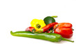Photo: Group of green, red and yellow chilli peppers. Group of green, red and yellow chilli peppers.