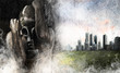 Environment illustration, man with gas mask over dirty city