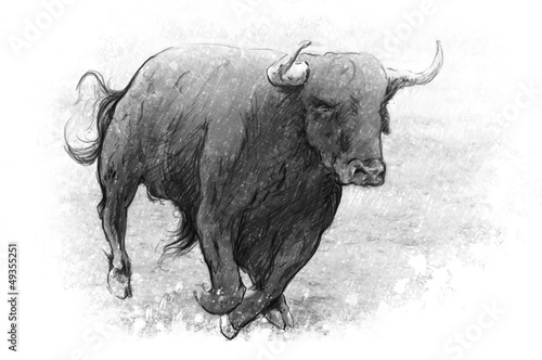 Illustration: Tattoo art, dangerous bull with beaked horns Tattoo art, dangerous bull with beaked horns