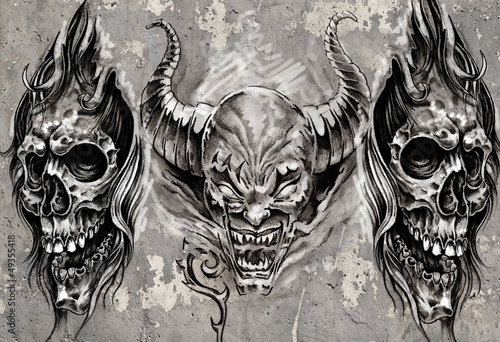Illustration: Tattoo art, 3 demons over grey background, Sketch Tattoo art, 3 demons over grey background, Sketch