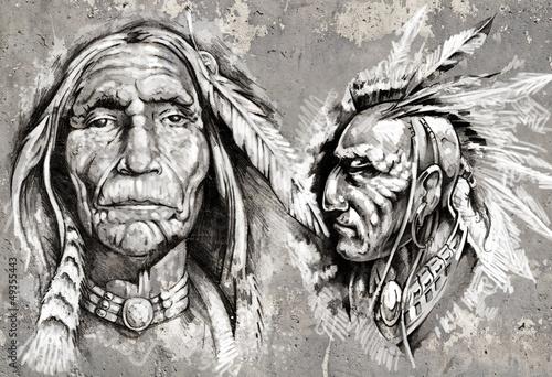 Illustration: Native american indian head, chiefs, retro style Native american indian head, chiefs, retro style