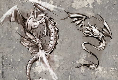 Illustration: Tattoo art illustration, dragons over grey wall Tattoo art illustration, dragons over grey wall