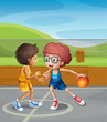 Two boys playing basketball at the court