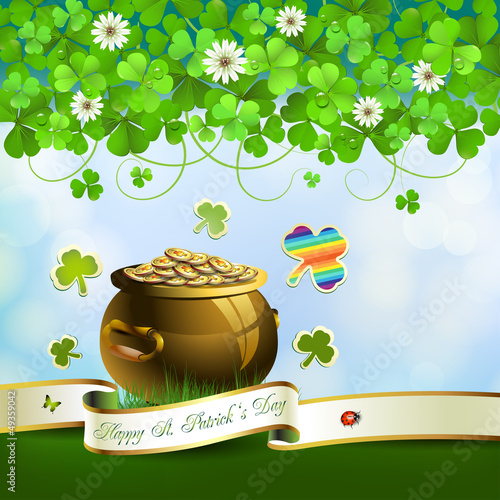Vector: Saint Patrick's Day greeting card with pot, coins and ribbon Saint Patrick's Day greeting card with pot, coins and ribbon