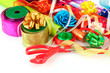 Rolls of Christmas wrapping paper with ribbons, bows isolated