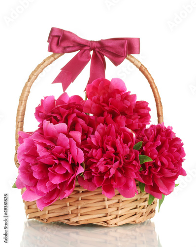 Photo: beautiful pink peonies in basket with bow isolated on white beautiful pink peonies in basket with bow isolated on white