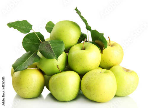 Photo: juicy apples with green leaves, isolated on white juicy apples with green leaves, isolated on white