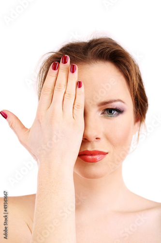 Photo: beautiful young woman covers her face beautiful young woman covers her face